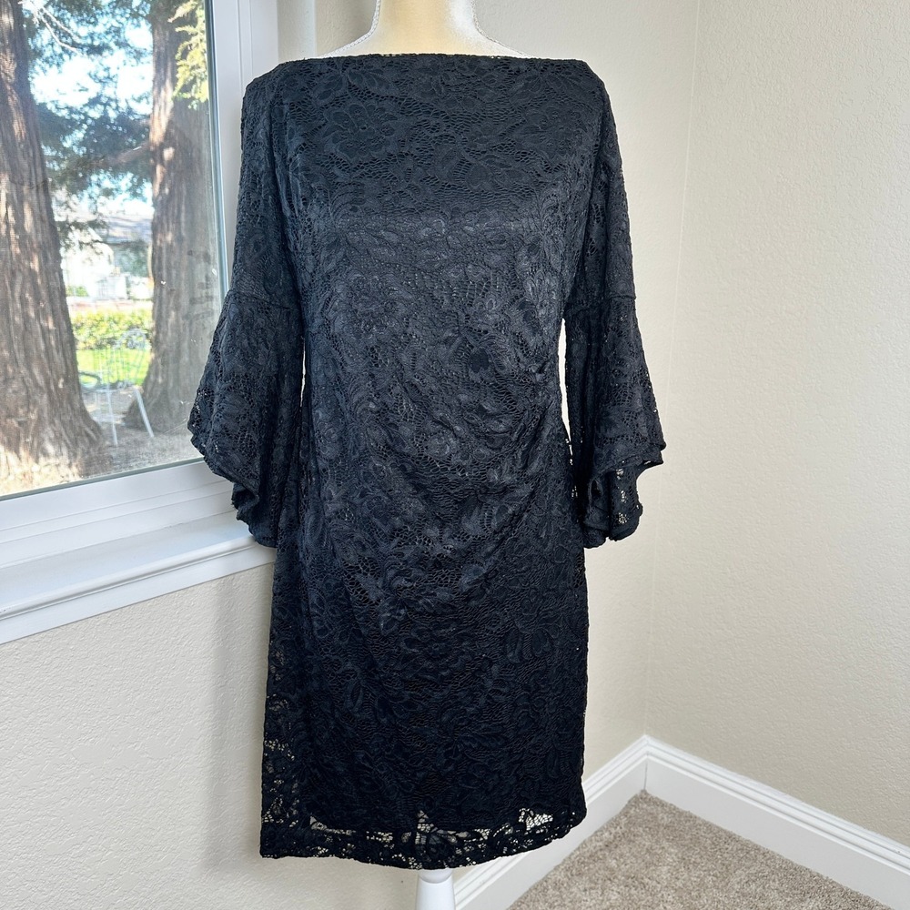 LAUREN Ralph Lauren Lace Bell Sleeve Sheath Dress Womens 12 Black Off Shoulder‎